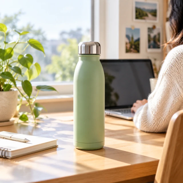 Insulated bottle on a sunny desk.