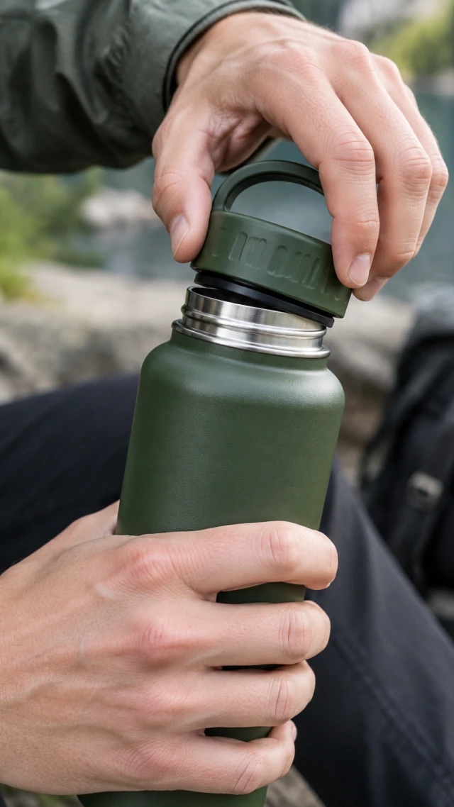 Green insulated bottle lid being twisted open in a close-up still frame.