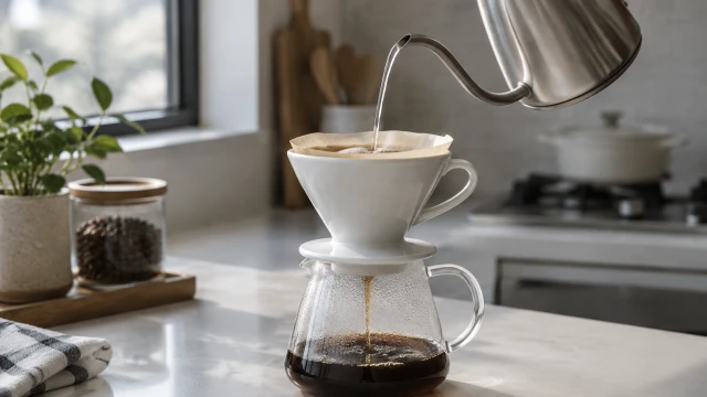 Pour-over coffee dripper in a sunlit kitchen video scene