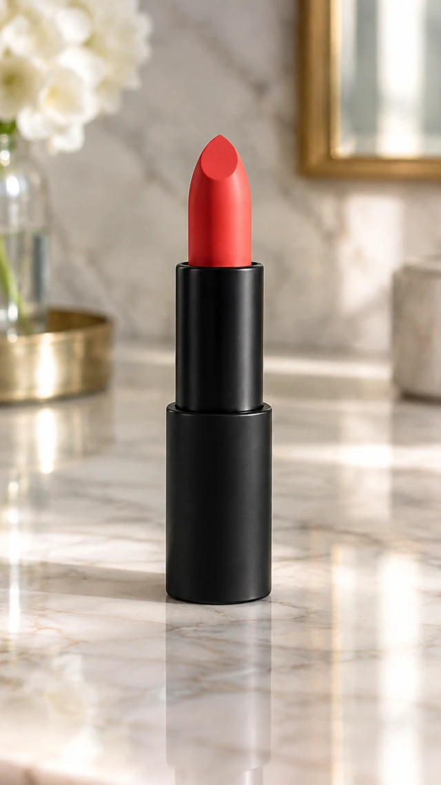 Red lipstick on a marble vanity in a vertical video scene