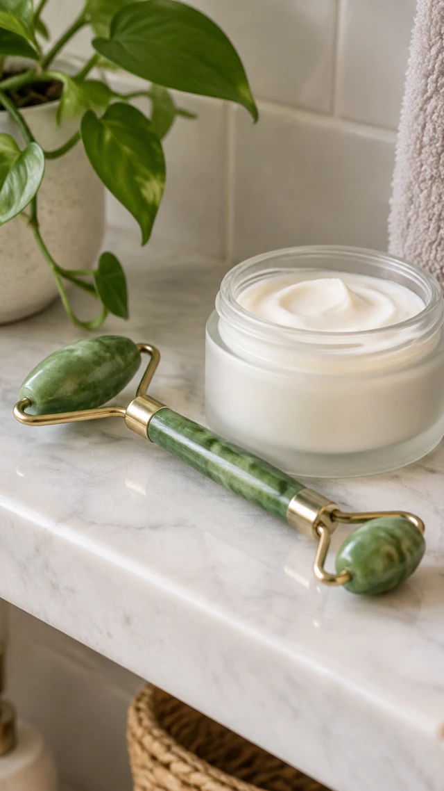 Jade face roller resting beside a jar of cream on a bathroom shelf.