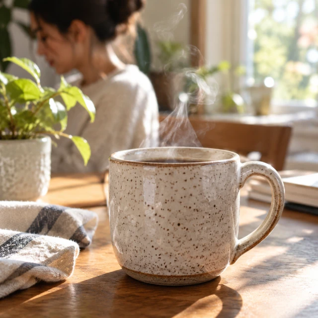 Speckled ceramic mug with a curl of steam in morning light.