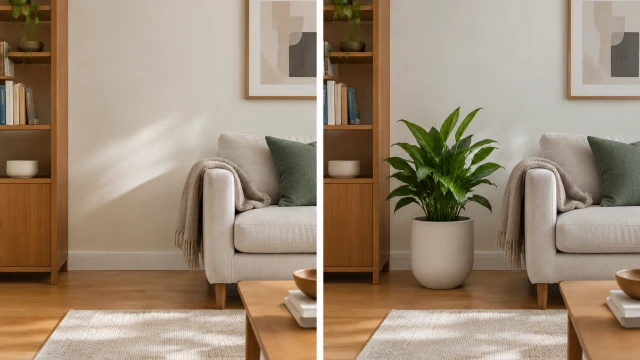 Before-and-after still frame of a tidy living room after a plain ceramic planter is moved into place.