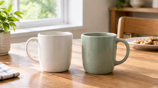Two plain ceramic mugs side by side on a wooden table under balanced window light.