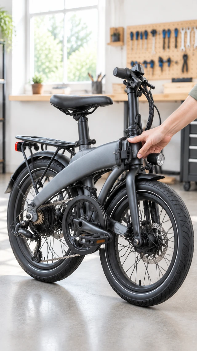 Vertical action frame of a hand checking the hinge on a compact gray folding electric bicycle in a bright workshop.