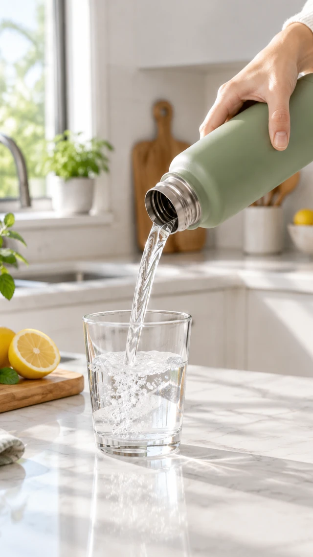Vertical action frame of a hand pouring water from a sage bottle into a clear glass on a bright kitchen counter.