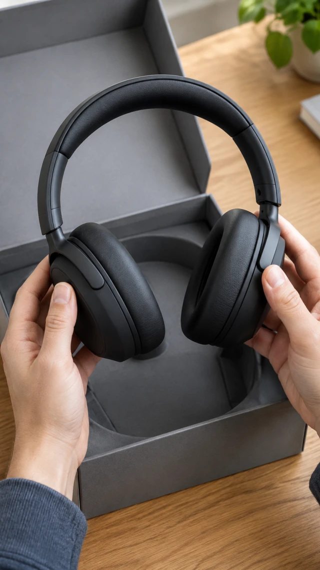 Vertical video still of hands lifting plain dark over-ear headphones from an open gray box on a wood table; no earbuds or charging case.