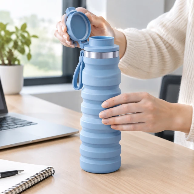 Square video still showing an unbranded collapsible silicone water bottle being opened beside a desk, full bottle visible.