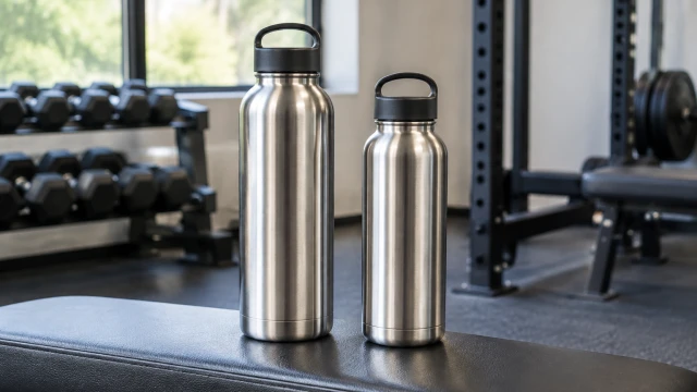 Wide comparison video still of two unbranded steel water bottles in different sizes side by side on a gym bench, both complete.