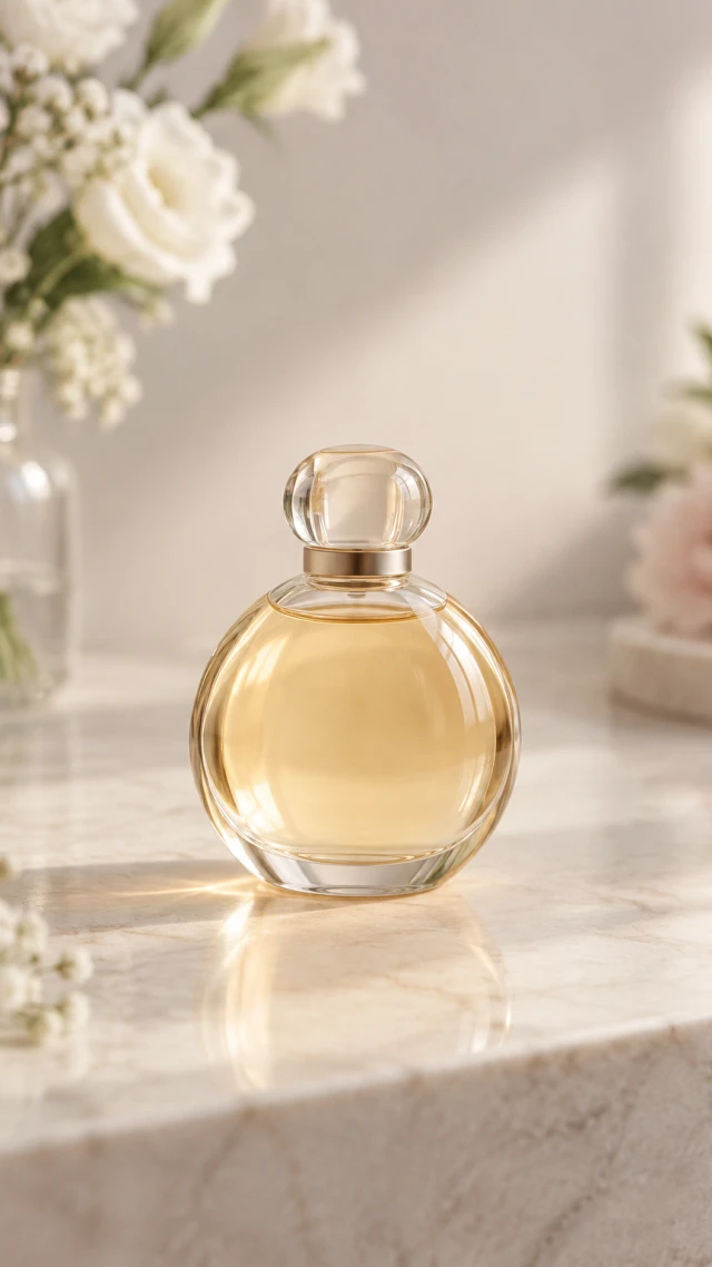 Round clear glass fragrance flask with a fully curved orb-like body and pale amber liquid in a vertical video frame.