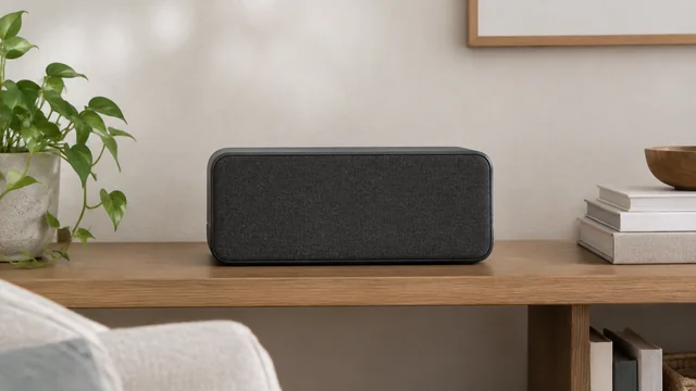 Rectangular dark fabric speaker on a wooden shelf in a living room.