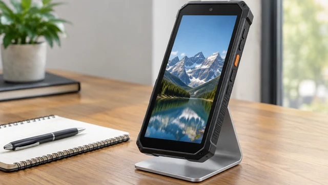 Aluminum phone stand holding a smartphone with a dark screen on a desk.
