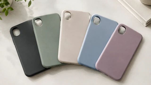 Five phone cases in five colors fanned out on a plain surface.