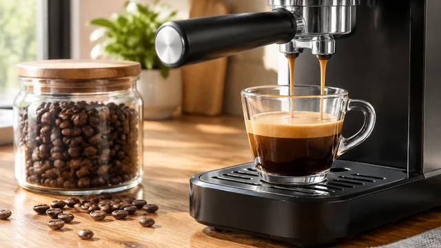 Espresso shot in a glass cup beside a jar of coffee beans