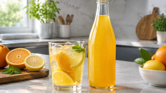 Glass bottle of golden citrus drink and a glass with fruit on a kitchen counter