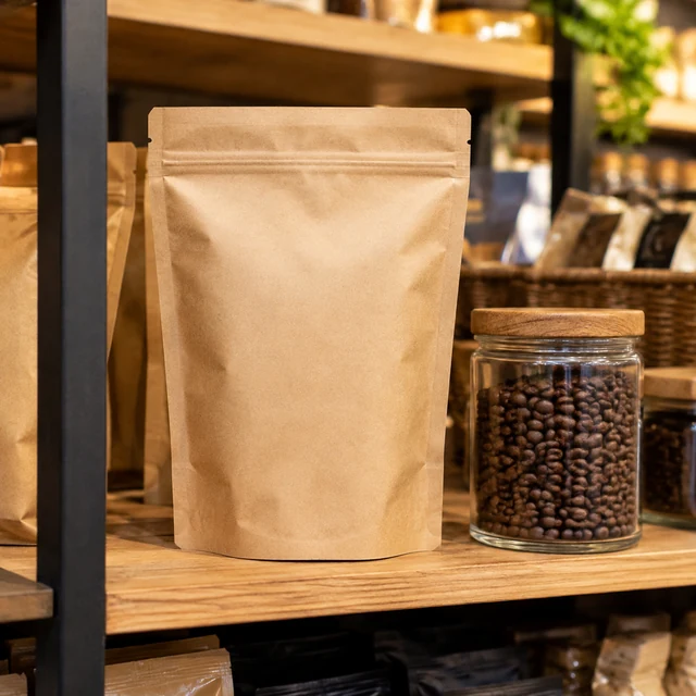 Plain coffee pouch displayed on a grocery shelf.