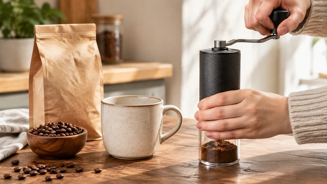 Coffee starter kit: bag of beans, hand grinder and mug together.