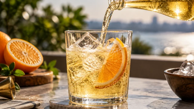 Golden sparkling drink poured from a glass bottle into a glass with ice and an orange slice
