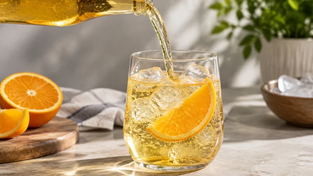 Golden sparkling drink poured from a glass bottle into a glass with ice and an orange slice