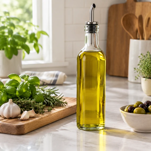 Glass olive oil bottle on a kitchen counter next to a cutting board with fresh herbs.