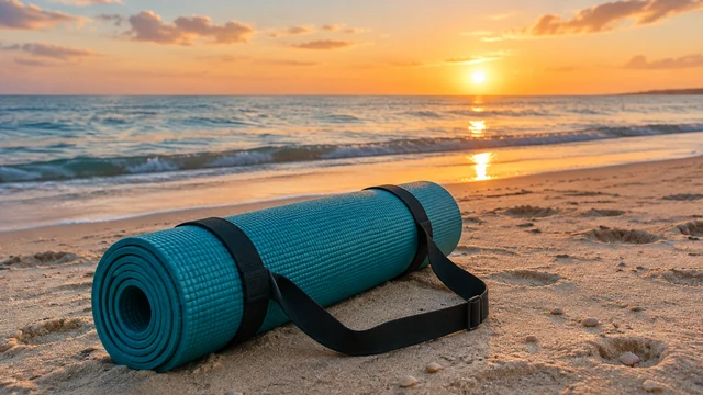 Rolled teal yoga mat on a beach at sunrise.