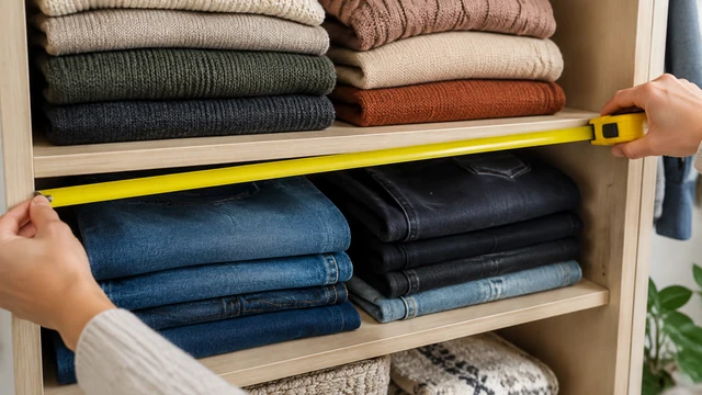 Hands measuring a home storage shelf with folded sweaters and jeans.