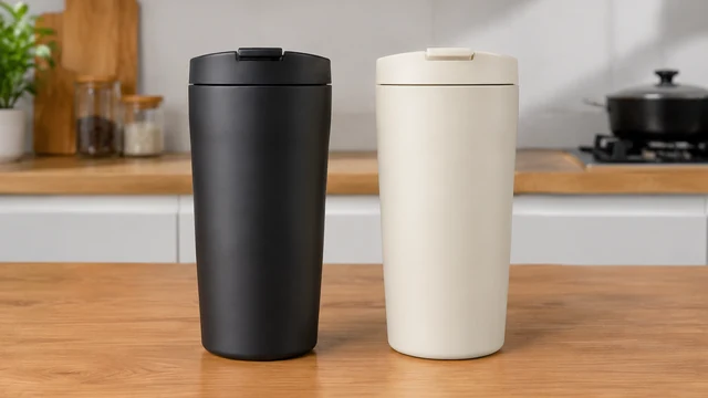 Two plain ceramic mugs side by side on a neutral kitchen counter.