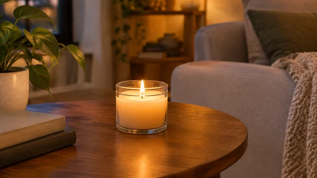 Lit glass candle on a wooden side table in warm evening light.