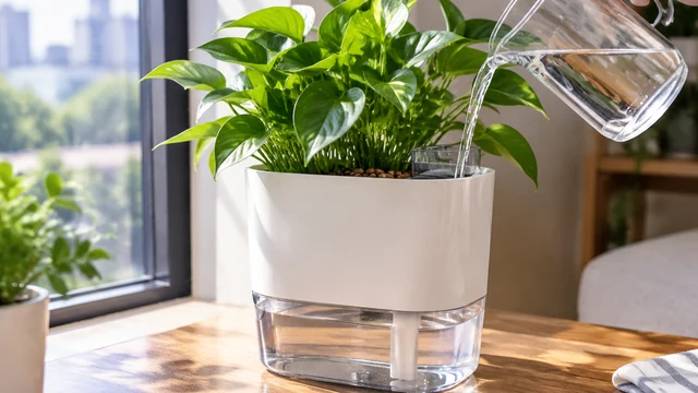 Hand pouring water into the reservoir of a self-watering planter.