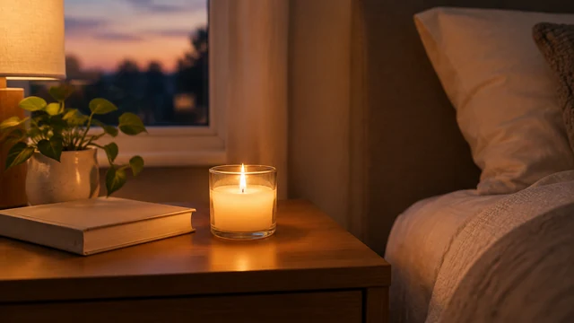 Small soy candle glowing on a bedside table at dusk.