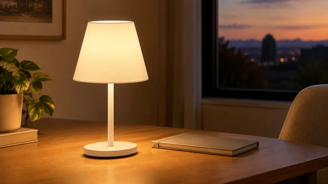 White table lamp glowing beside an open book in a quiet reading nook.