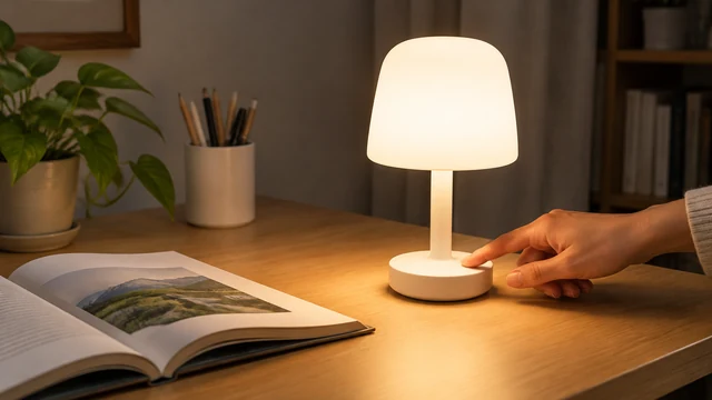 Hand turning on a white table lamp beside an open book.