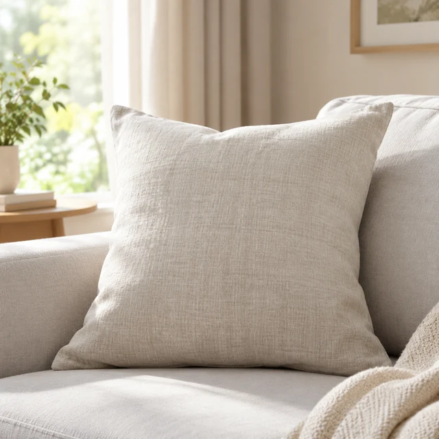 Linen pillow on a pale sofa, showing its natural fabric texture.