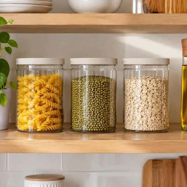 Matching pantry jars lined up neatly on a kitchen shelf.