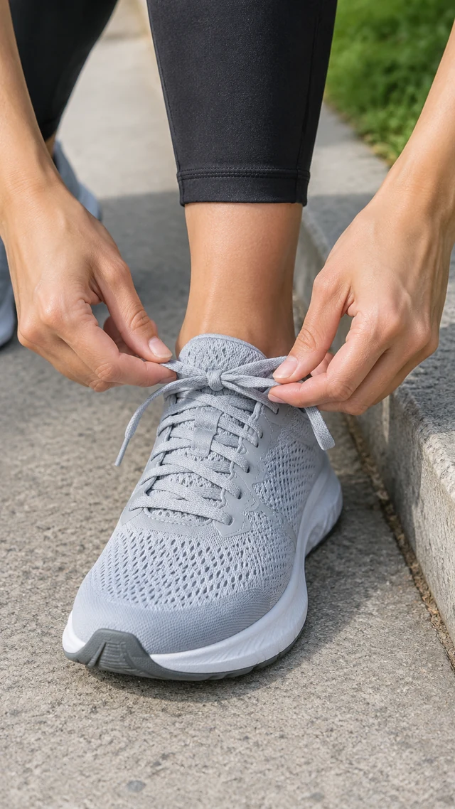 Hands tying the laces on a light gray running shoe.