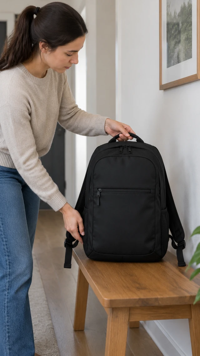 Hands place a black commuter backpack on a bench in a vertical video frame, the full bag and straps visible.