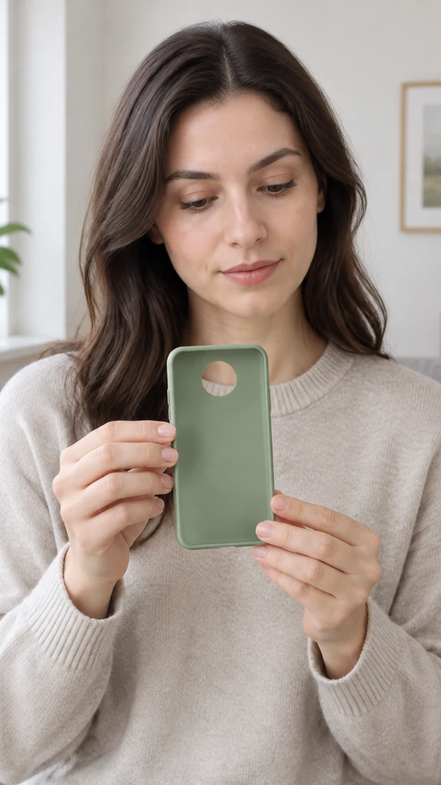 Presenter holds an empty sage green phone case with one round open camera cutout, no phone inside.