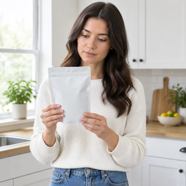 Adult in a bright kitchen holds a plain snack pouch at chest height, looking at the product.