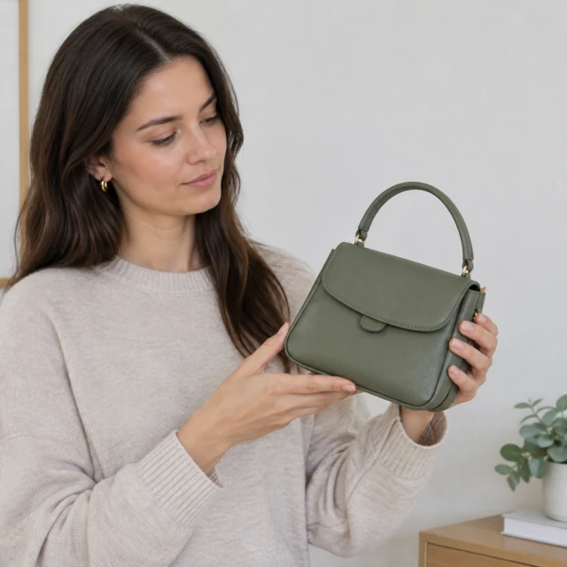 Adult holds a small unbranded handbag at chest height against a pale wall, looking at the bag.