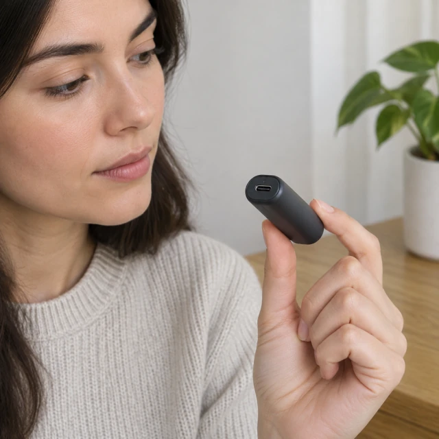 Compact charcoal portable charger held between two fingers with its USB-C port visible.