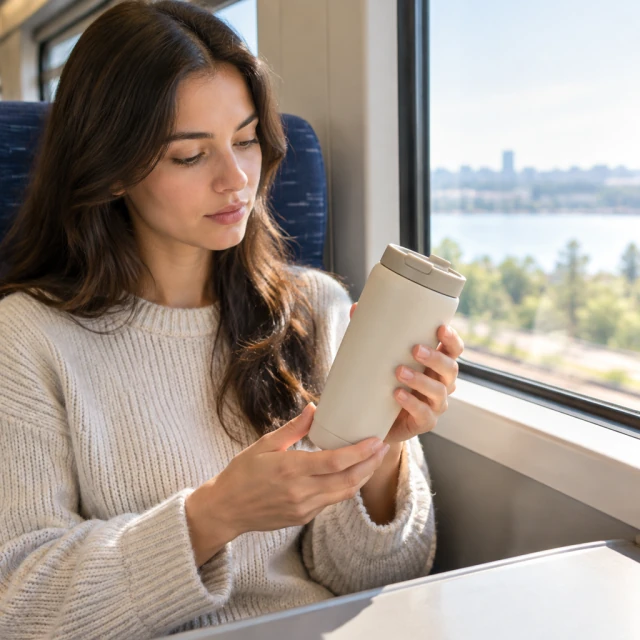 Hand gently rotates a plain ceramic travel cup on a morning train beside a window.