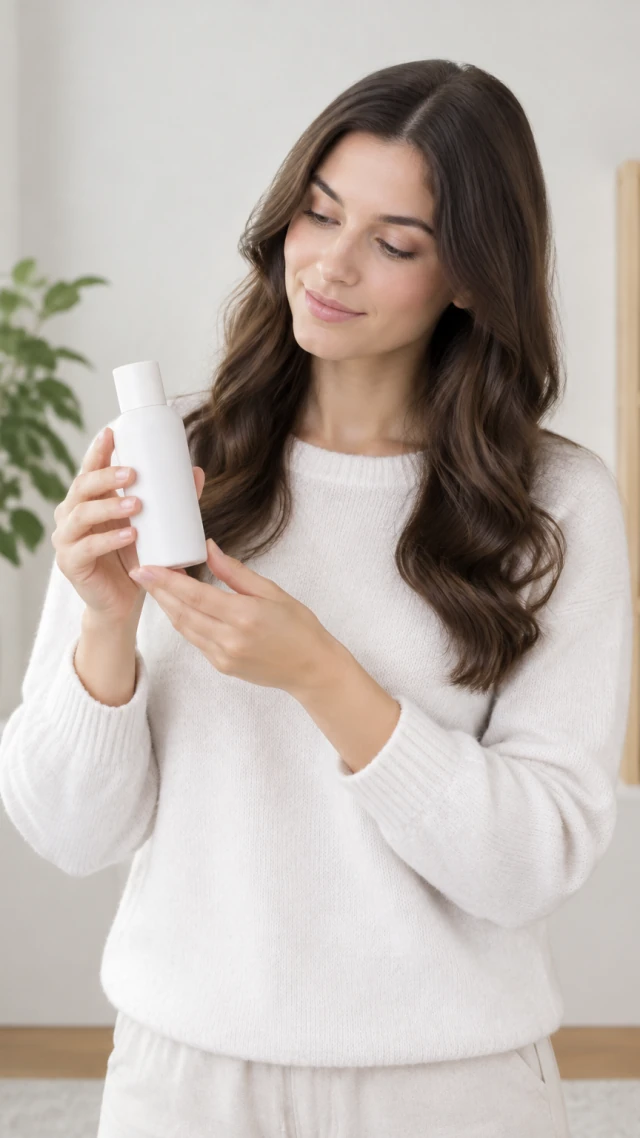 Presenter holds a plain skincare bottle at chest height, with lips closed and eyes on the bottle.
