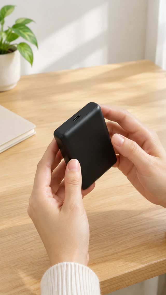 Hand turns a compact black portable charger at a bright desk, with one USB-C port visible.