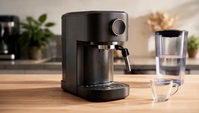 Compact espresso machine with a clear water tank on a kitchen counter