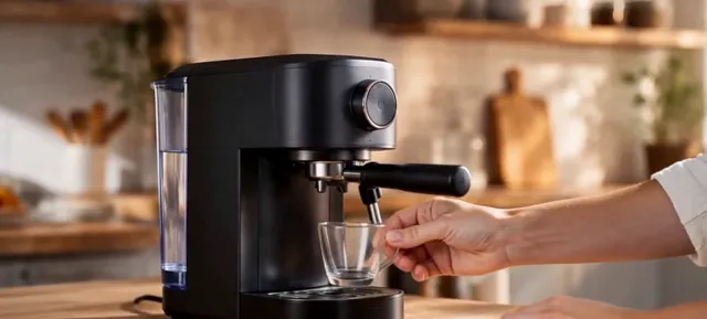 Hand placing a small glass cup under a compact black espresso machine