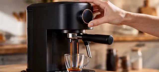 Espresso running from a compact black machine into a glass cup
