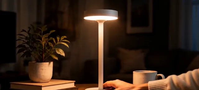 Warm portable table lamp glowing in a dim living room beside a plant