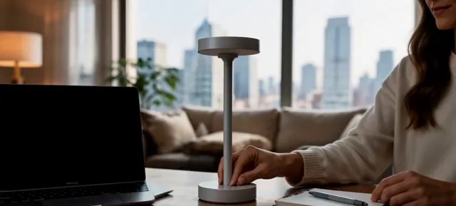 White portable table lamp on a desk beside a laptop with a city view