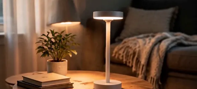 Lit table lamp beside a potted plant and a knitted throw on a sofa