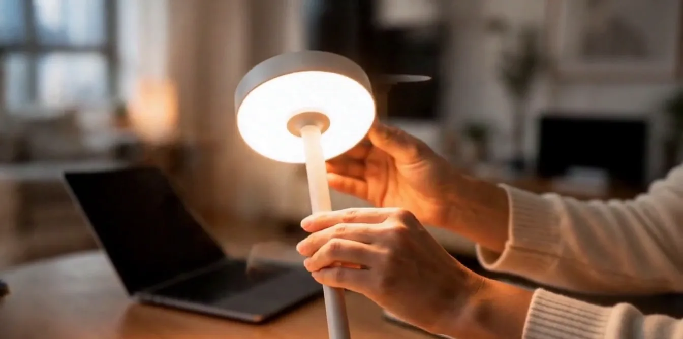 Hand switching on a warm portable table lamp beside a laptop